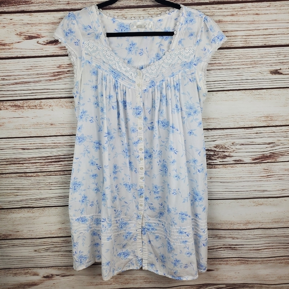 Eileen West Womens Medium White w/ Blue Flowers Cotton Cap Sleeve Short Gown